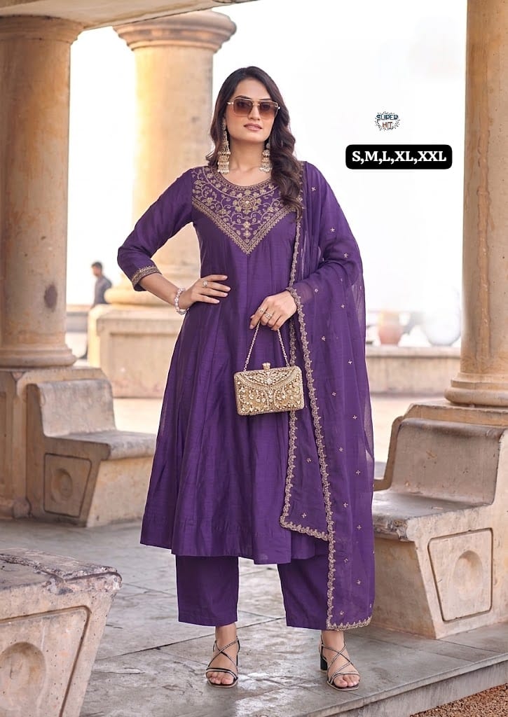 Premium Silk Flared Anarkali Kurta Set with Intricate Gold Zari Neckline Embroidery, Matching Straight Pants, and Sheer Dupatta in Royal Purple and Mustard Gold