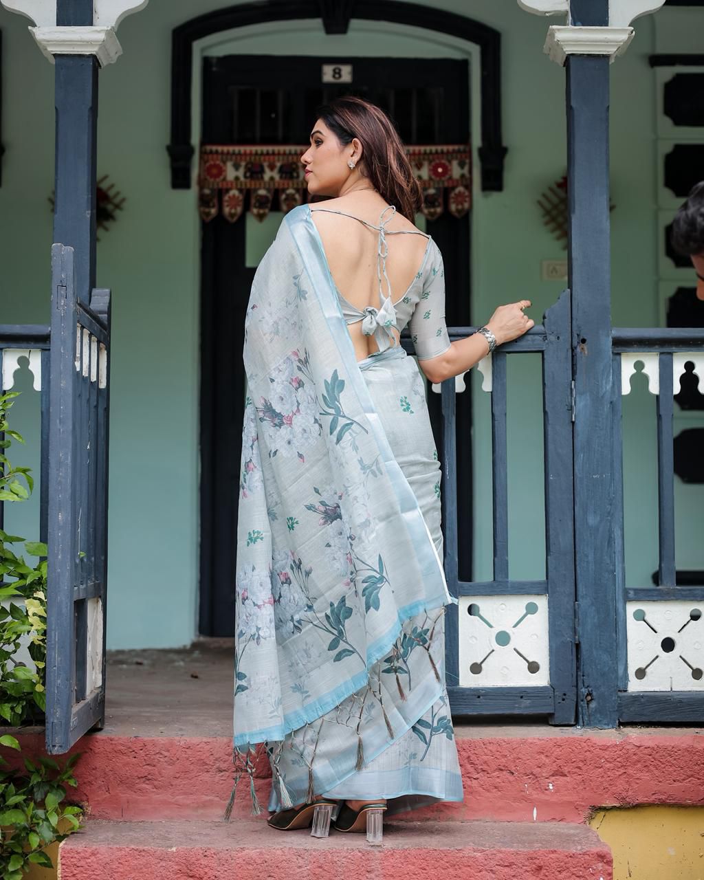 A Minimalist Pastel Mint Saree Paired with a Crystal Choker and Statement Silver Cuff for an Effortless Day Look