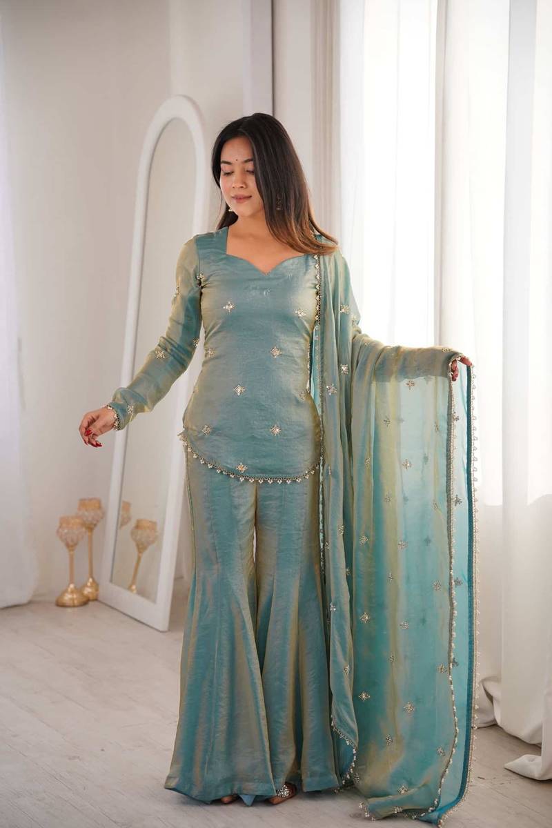 Elegant Sea Green Dual-Tone Silk Sharara Suit Set featuring a Short Sweetheart-Neck Kurti with Delicate Booti Embroidery and a Matching Sheer Dupatta