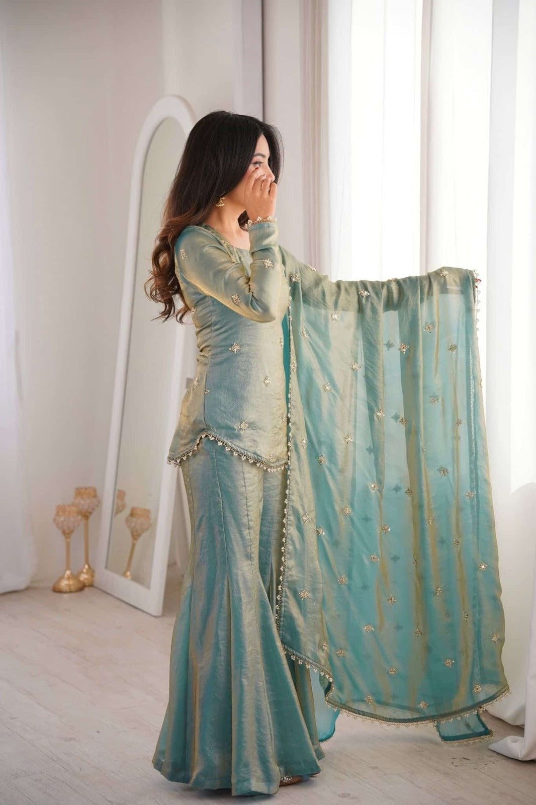 Elegant Sea Green Dual-Tone Silk Sharara Suit Set featuring a Short Sweetheart-Neck Kurti with Delicate Booti Embroidery and a Matching Sheer Dupatta
