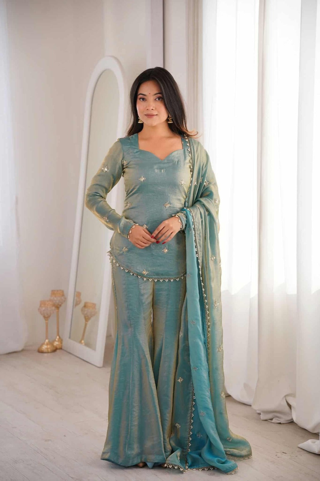 Elegant Sea Green Dual-Tone Silk Sharara Suit Set featuring a Short Sweetheart-Neck Kurti with Delicate Booti Embroidery and a Matching Sheer Dupatta