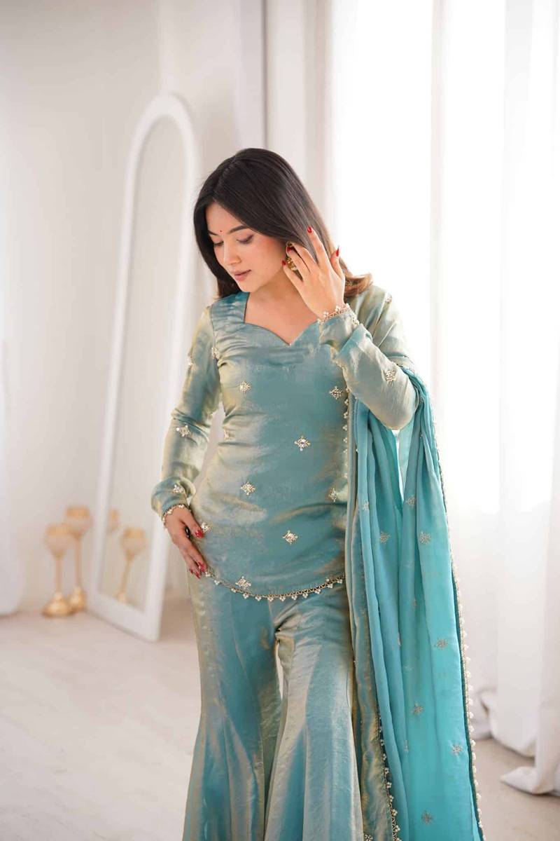 Elegant Sea Green Dual-Tone Silk Sharara Suit Set featuring a Short Sweetheart-Neck Kurti with Delicate Booti Embroidery and a Matching Sheer Dupatta