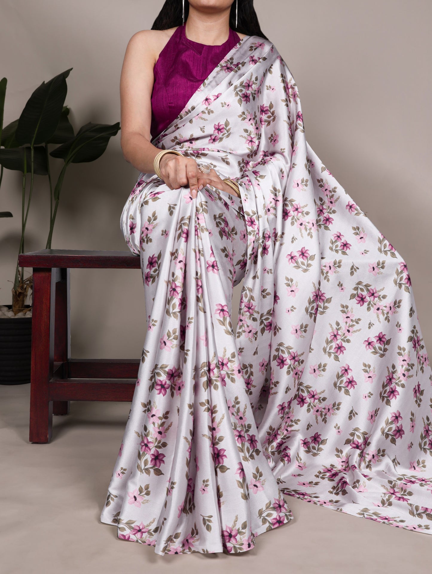 A saree that blends floral charm with satin smoothness 🥀