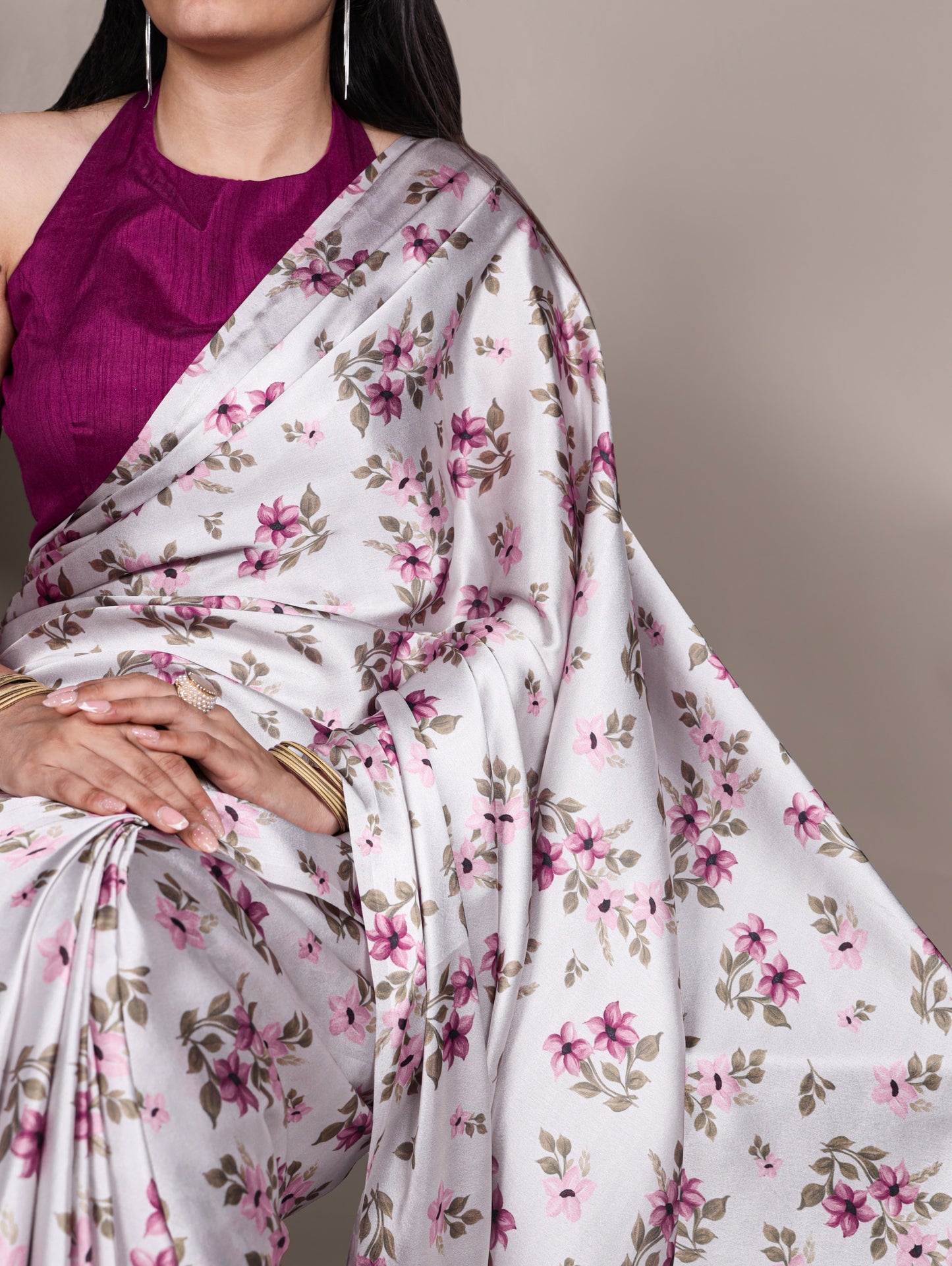 A saree that blends floral charm with satin smoothness 🥀