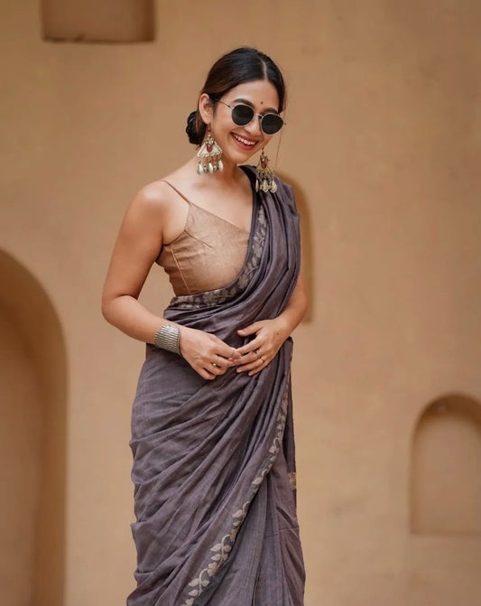 Women's Linen Cotton Saree Catalog Set in Assorted Colors with Floral Digital Print Border