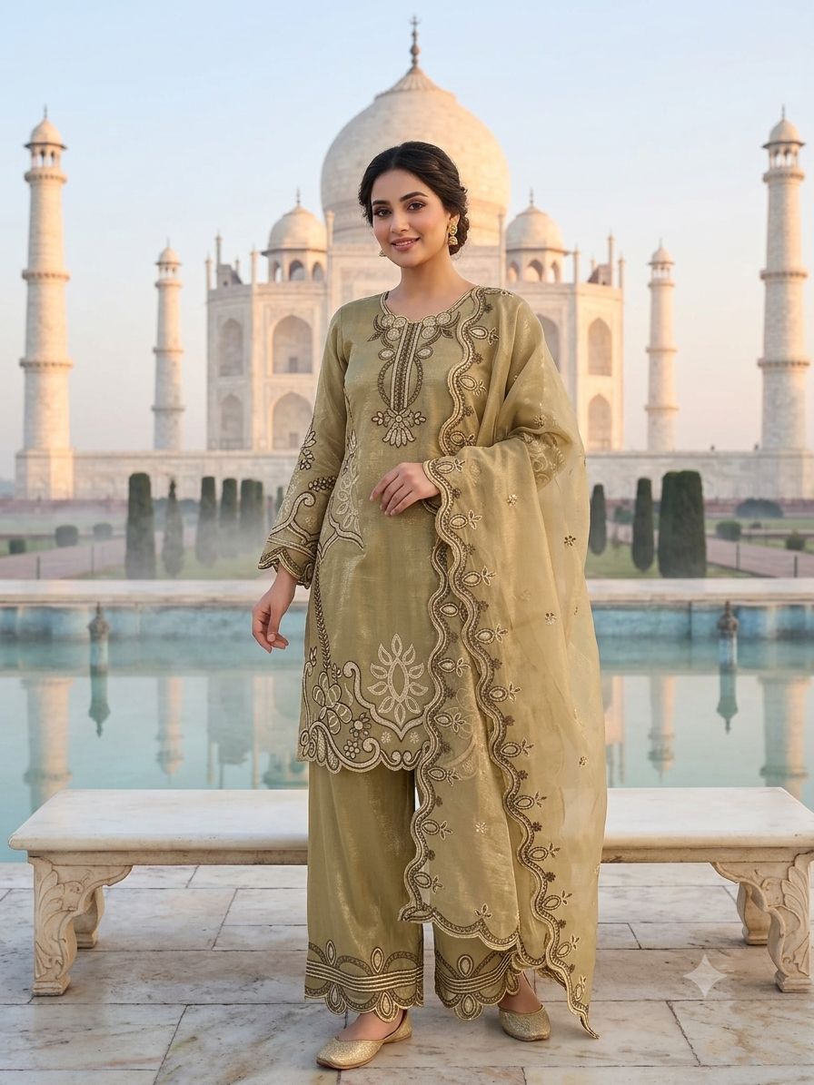THIS WEDDING SEASON, TRY OUR DESIGNER EMBROIDERED WITH CUT WORKED TOP  PLAZZO SUIT WITH DUPATTA