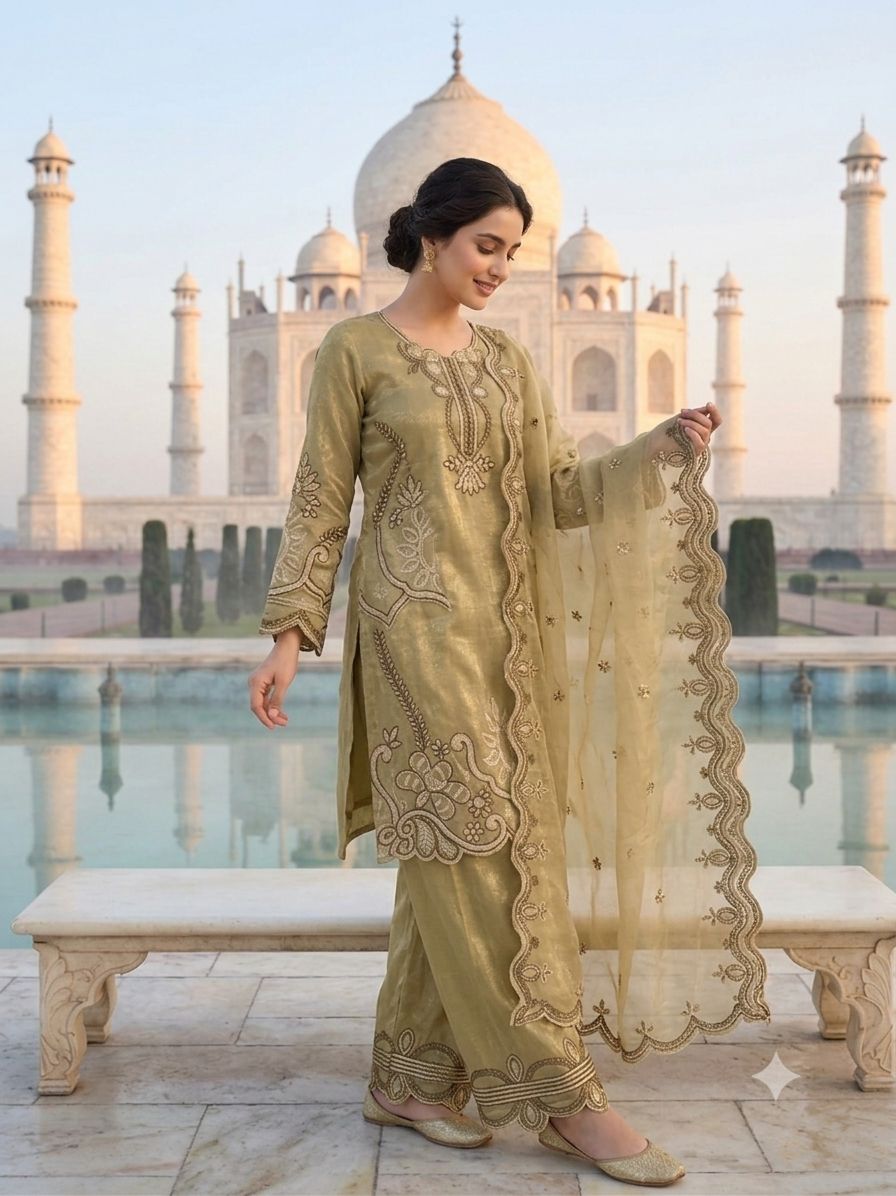 THIS WEDDING SEASON, TRY OUR DESIGNER EMBROIDERED WITH CUT WORKED TOP  PLAZZO SUIT WITH DUPATTA