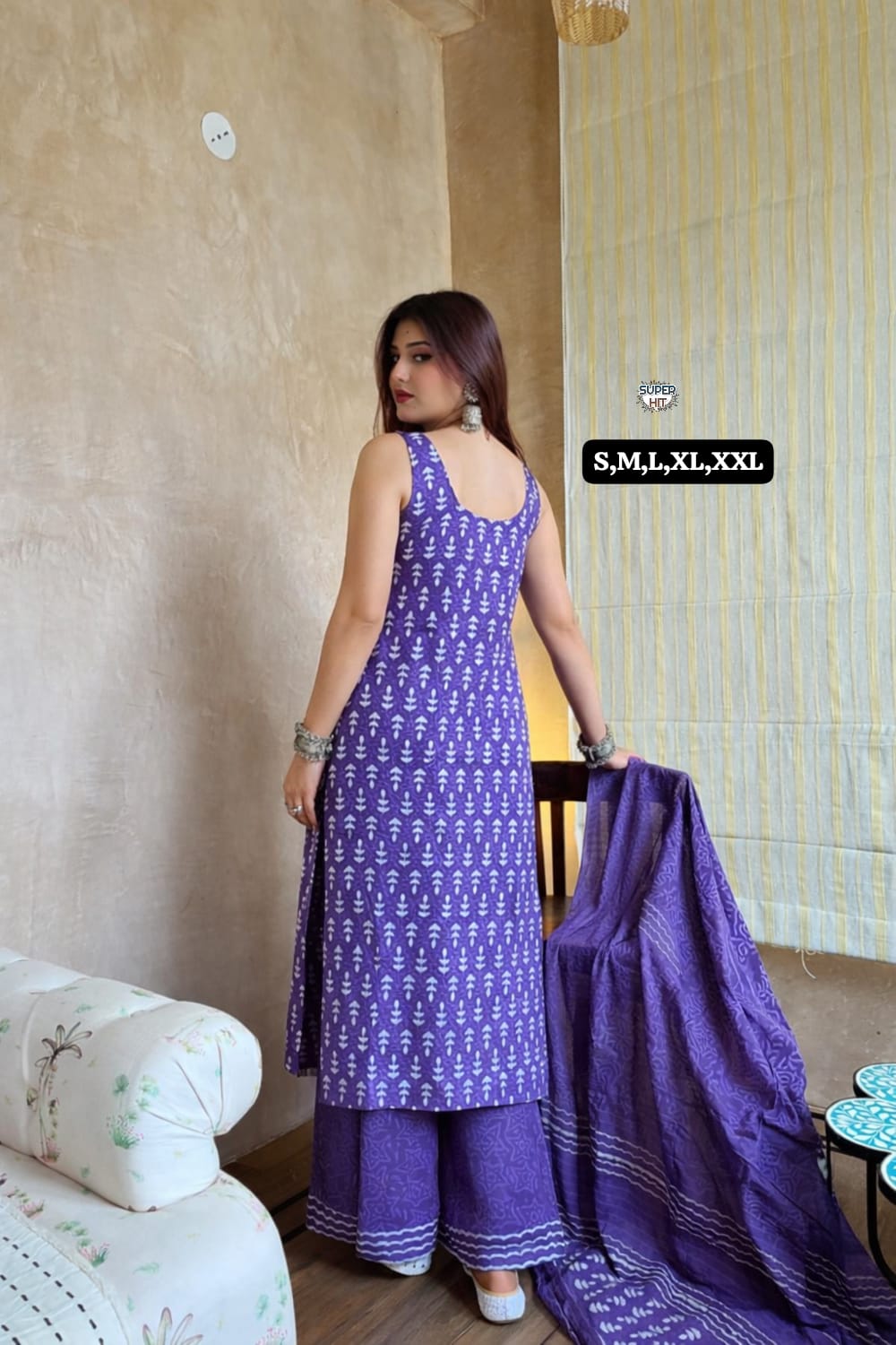 Vibrant Purple Sleeveless Cotton Kurti Set with Geometric Block Prints, Matching Wide-Leg Palazzos, and Striped Dupatta