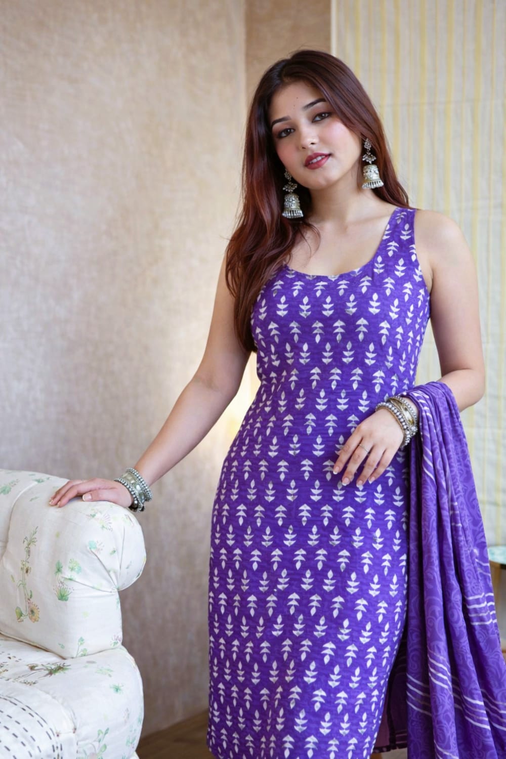 Vibrant Purple Sleeveless Cotton Kurti Set with Geometric Block Prints, Matching Wide-Leg Palazzos, and Striped Dupatta