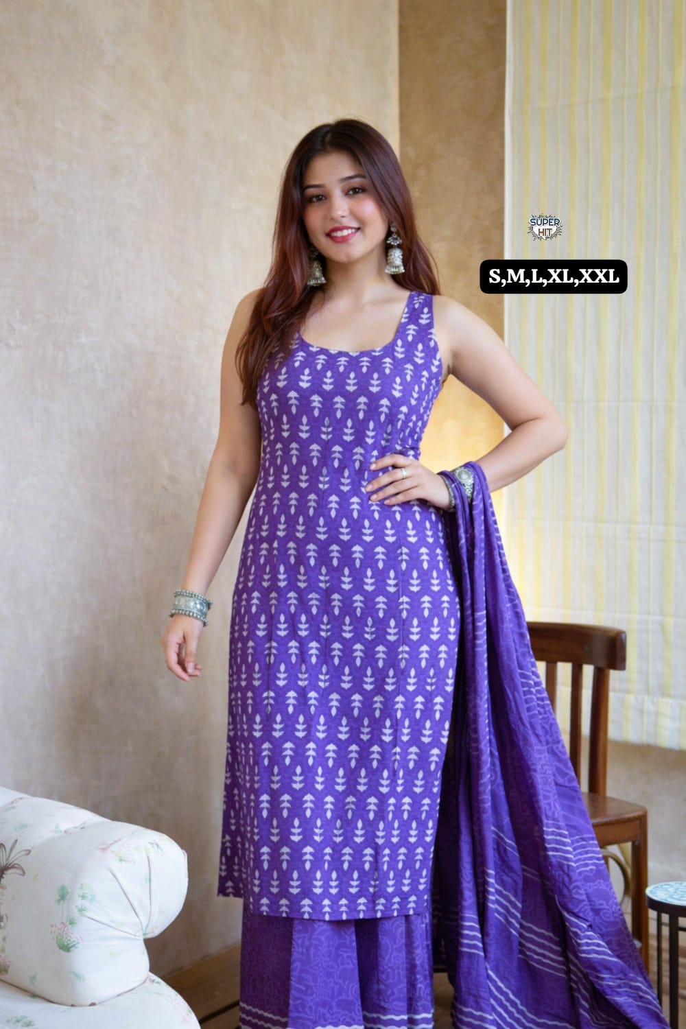 Vibrant Purple Sleeveless Cotton Kurti Set with Geometric Block Prints, Matching Wide-Leg Palazzos, and Striped Dupatta