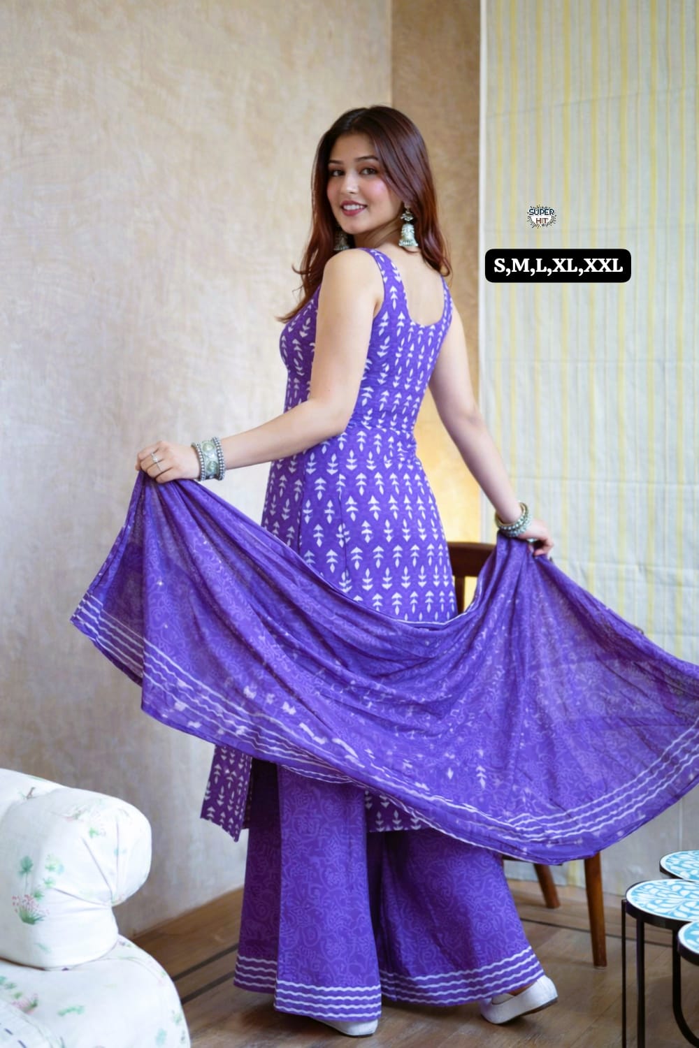Vibrant Purple Sleeveless Cotton Kurti Set with Geometric Block Prints, Matching Wide-Leg Palazzos, and Striped Dupatta