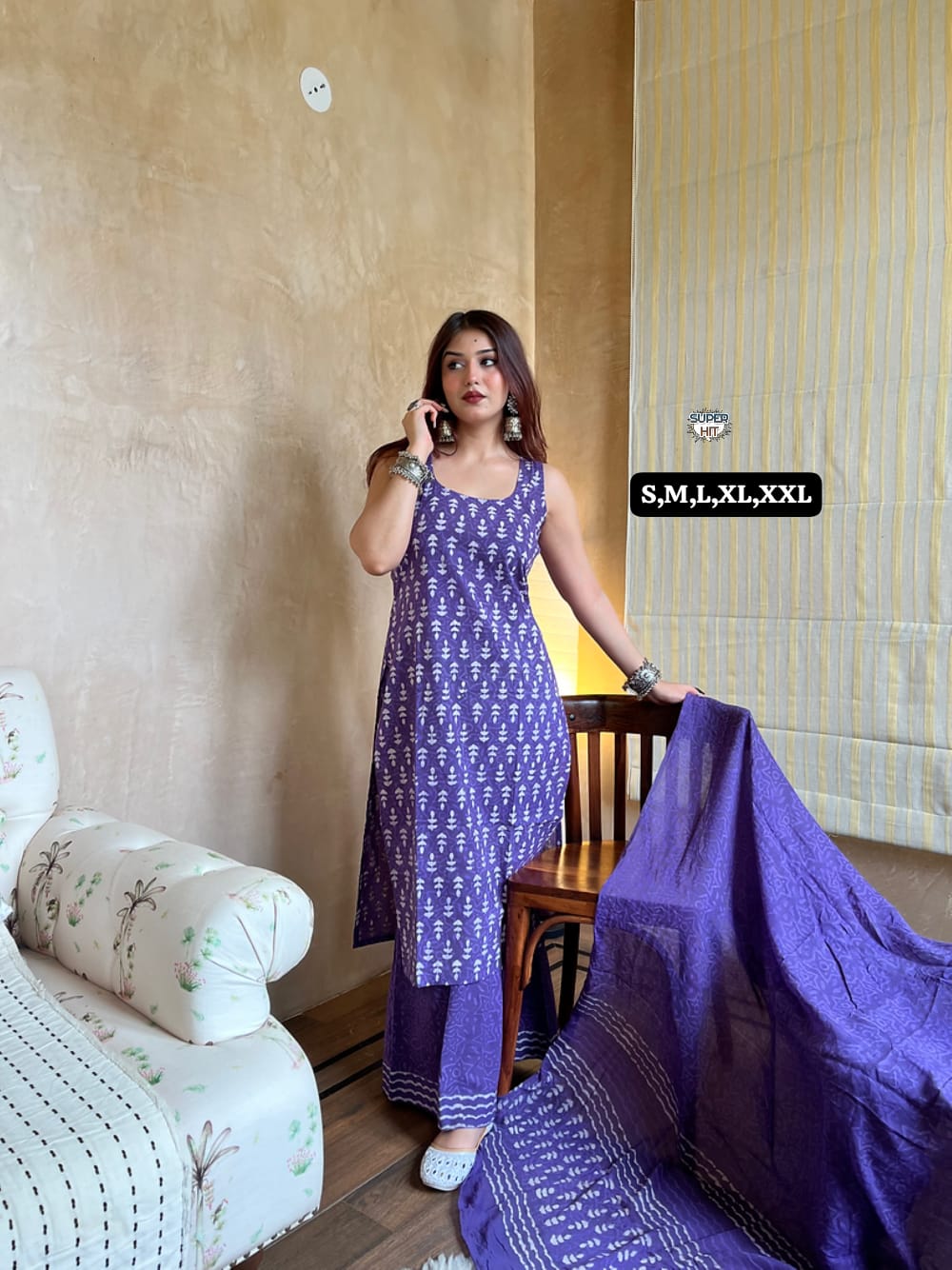 Vibrant Purple Sleeveless Cotton Kurti Set with Geometric Block Prints, Matching Wide-Leg Palazzos, and Striped Dupatta