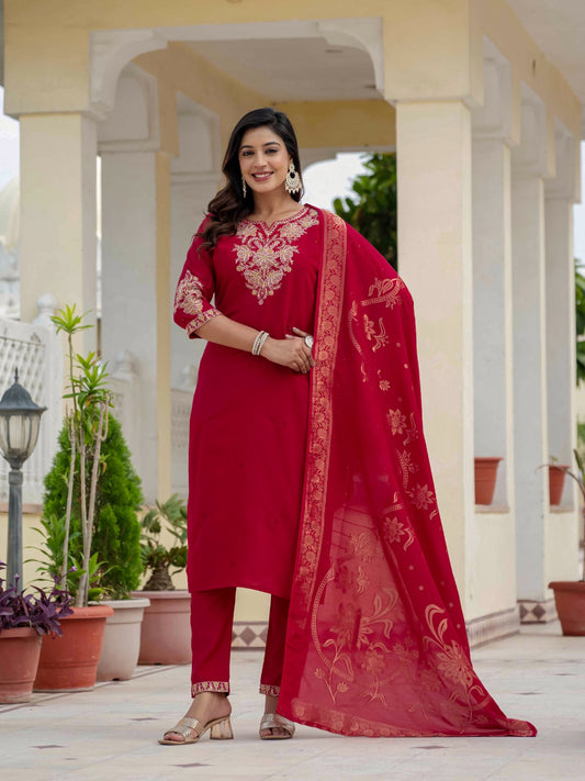 Elegant Festive Silk Straight Kurta Set with Intricate Neckline Embroidery and Banarasi Jacquard Dupatta