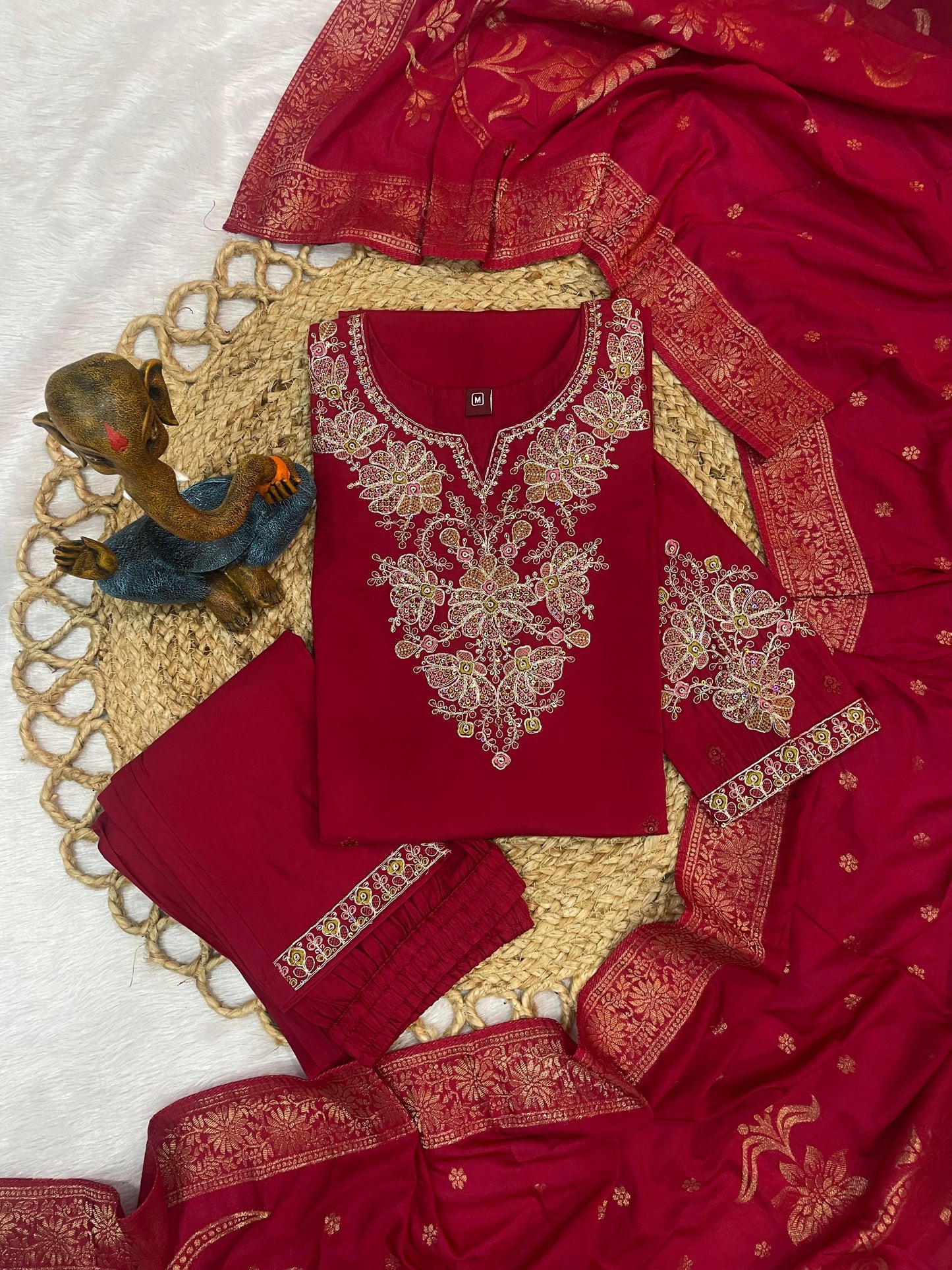 Elegant Festive Silk Straight Kurta Set with Intricate Neckline Embroidery and Banarasi Jacquard Dupatta