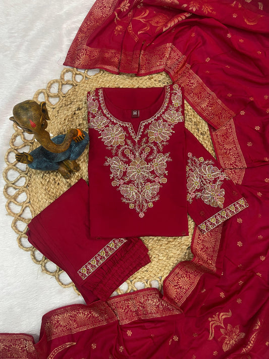 Elegant Festive Silk Straight Kurta Set with Intricate Neckline Embroidery and Banarasi Jacquard Dupatta