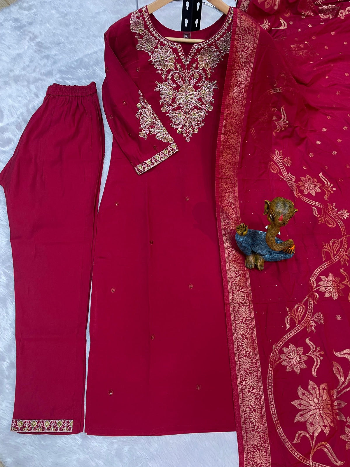 Elegant Festive Silk Straight Kurta Set with Intricate Neckline Embroidery and Banarasi Jacquard Dupatta