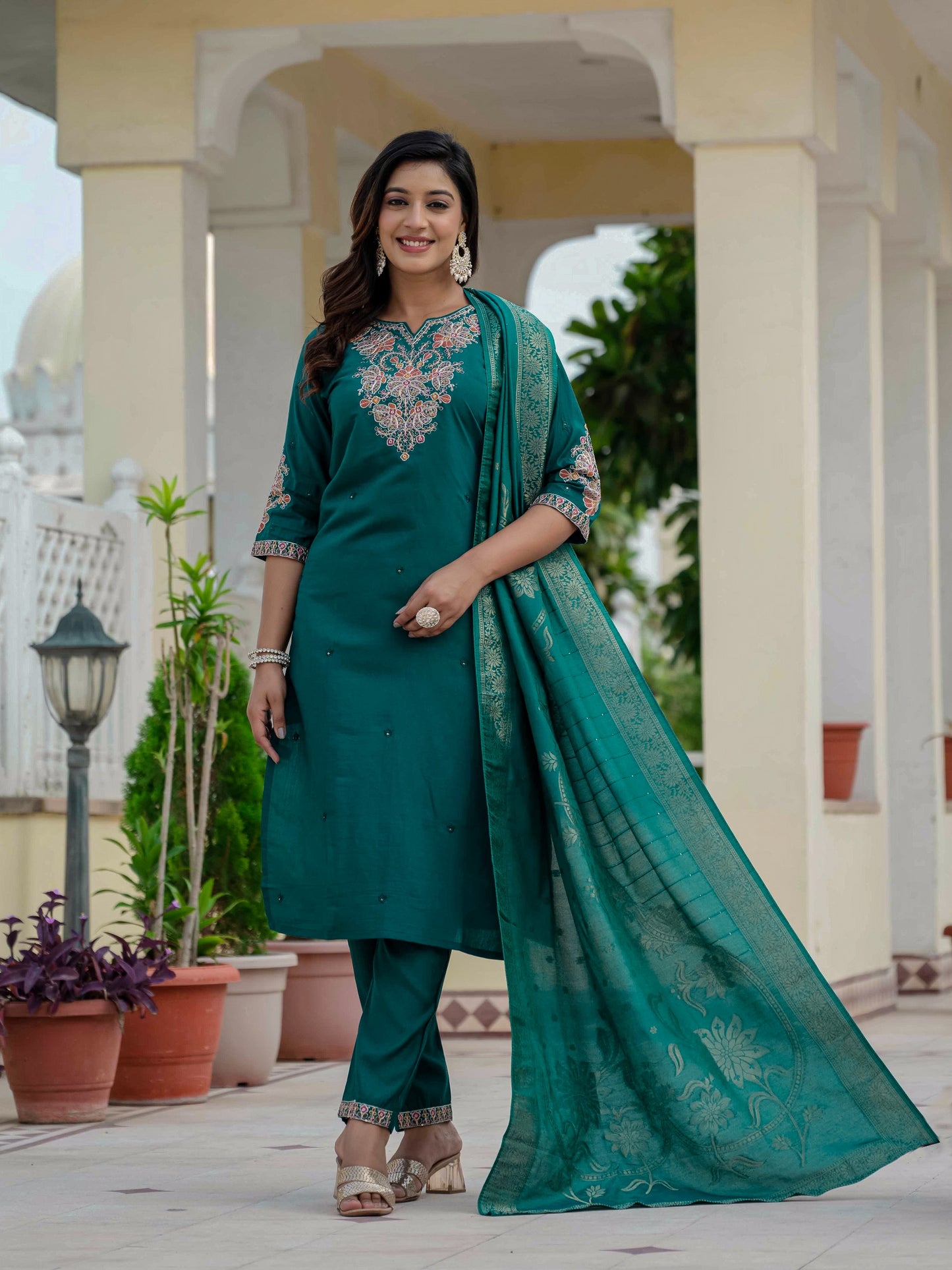 Elegant Festive Silk Straight Kurta Set with Intricate Neckline Embroidery and Banarasi Jacquard Dupatta