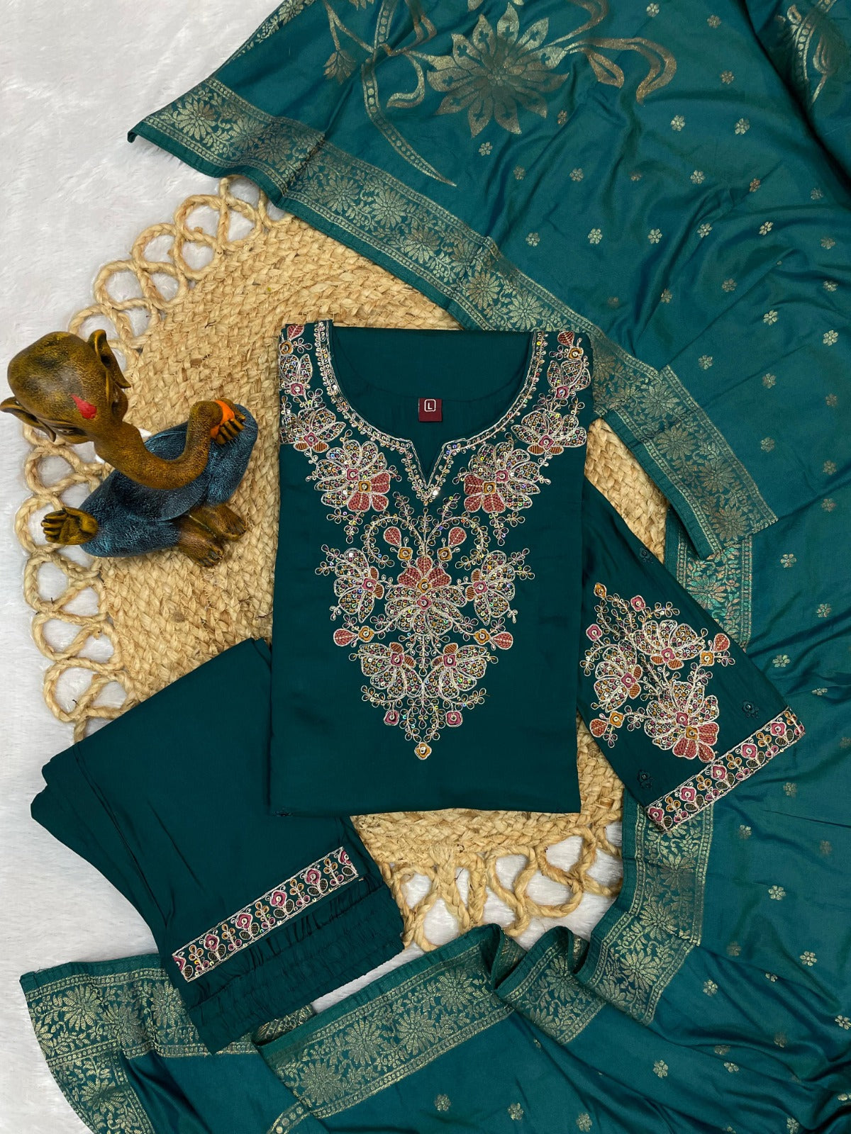 Elegant Festive Silk Straight Kurta Set with Intricate Neckline Embroidery and Banarasi Jacquard Dupatta
