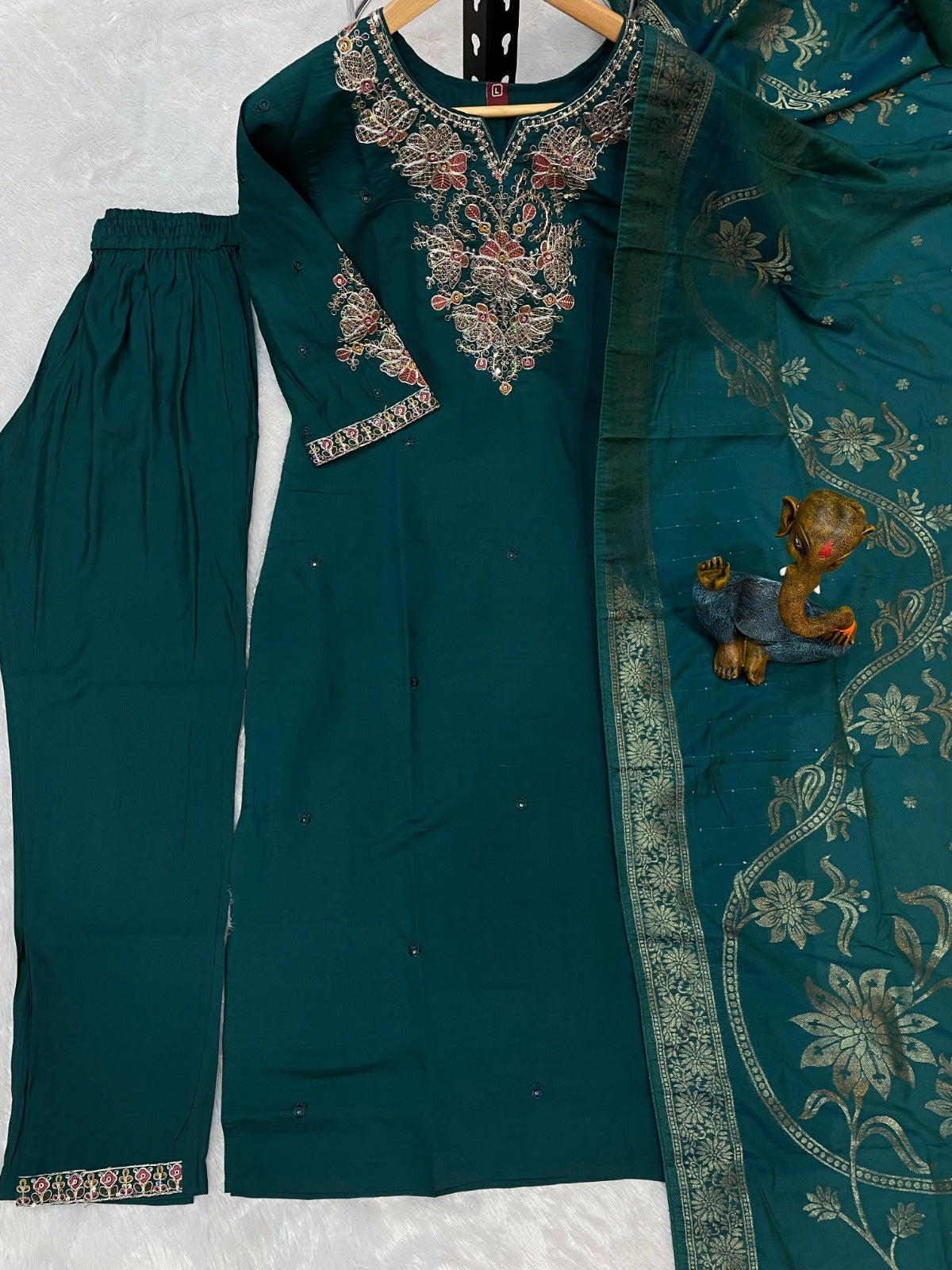 Elegant Festive Silk Straight Kurta Set with Intricate Neckline Embroidery and Banarasi Jacquard Dupatta