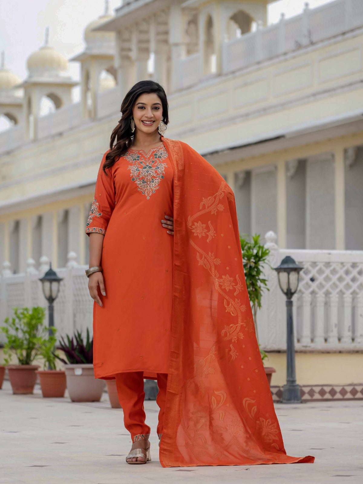 Elegant Festive Silk Straight Kurta Set with Intricate Neckline Embroidery and Banarasi Jacquard Dupatta