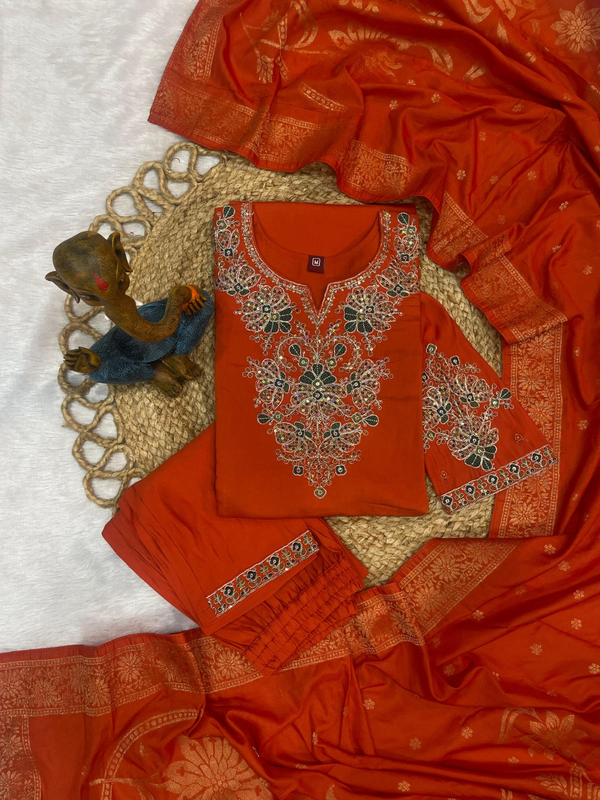 Elegant Festive Silk Straight Kurta Set with Intricate Neckline Embroidery and Banarasi Jacquard Dupatta