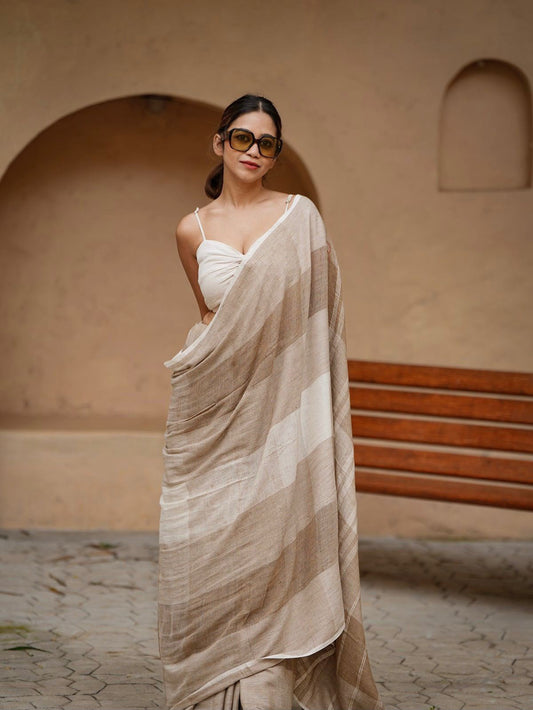 Women's Linen Cotton Saree in Beige with Digital Printed Striped Design