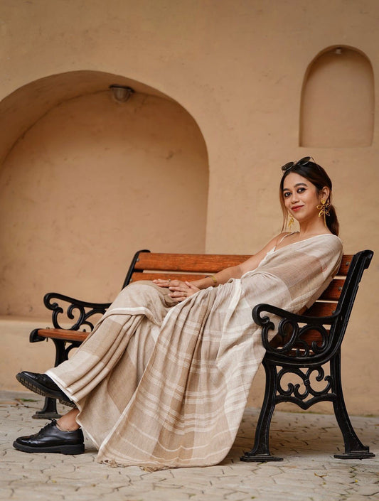 Women's Linen Cotton Saree in Beige with Digital Printed Striped Design