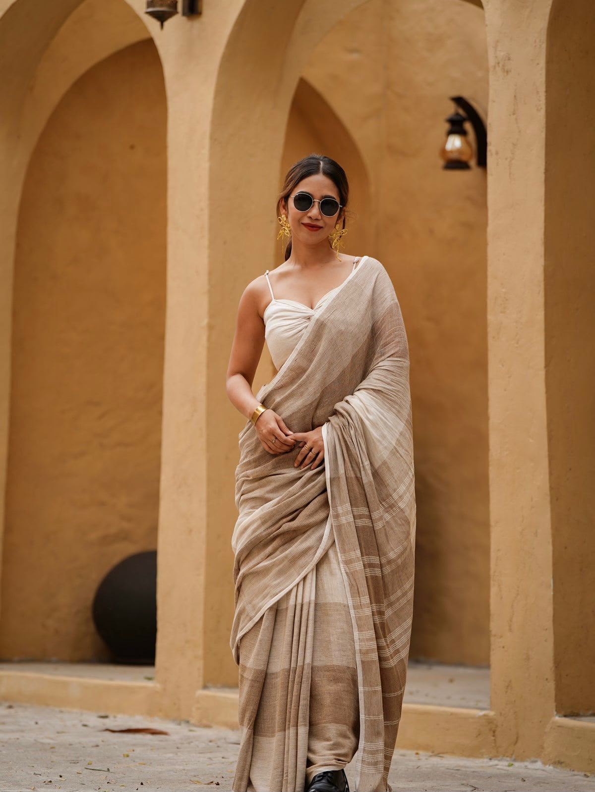 Women's Linen Cotton Saree in Beige with Digital Printed Striped Design