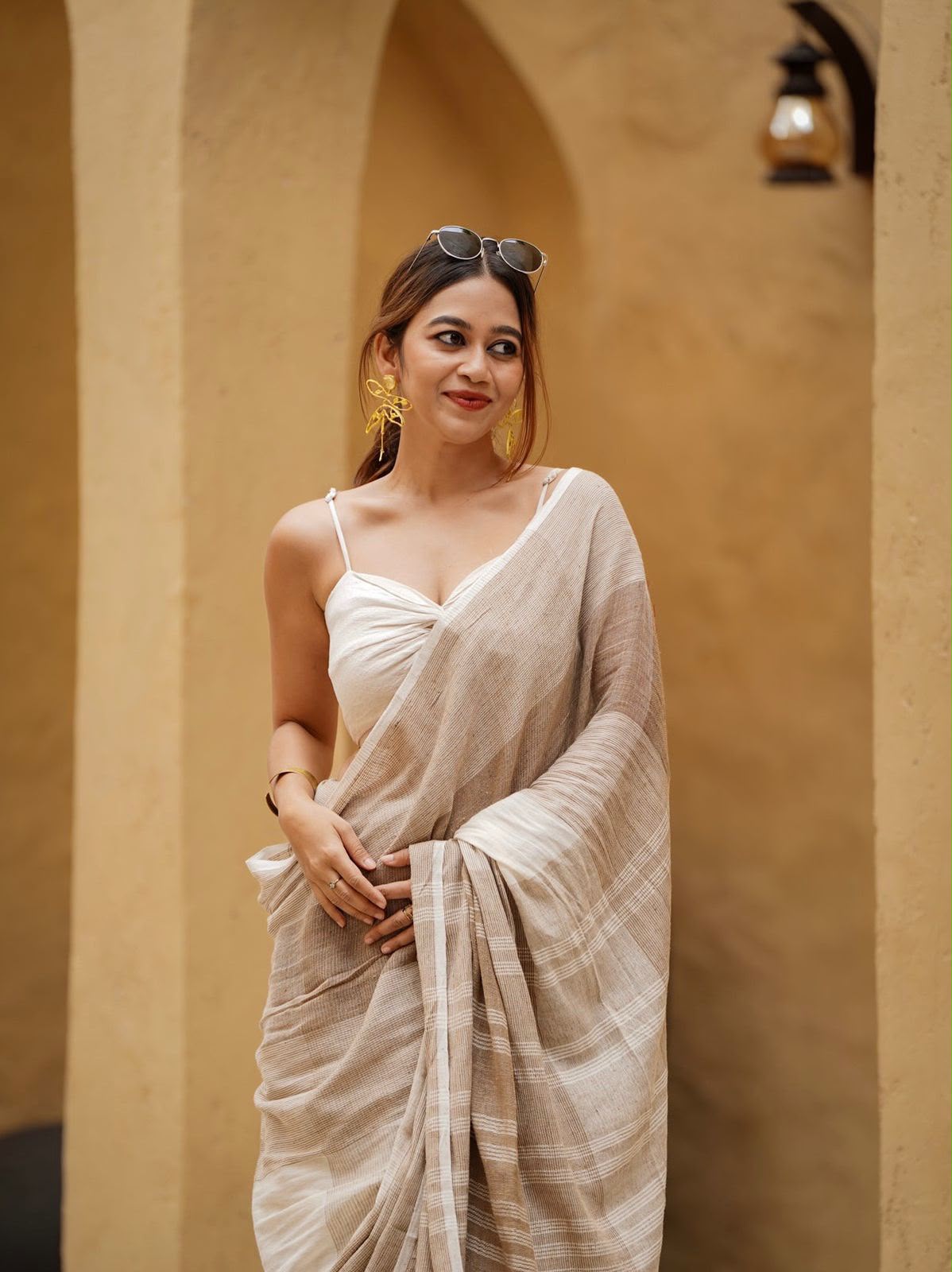 Women's Linen Cotton Saree in Beige with Digital Printed Striped Design