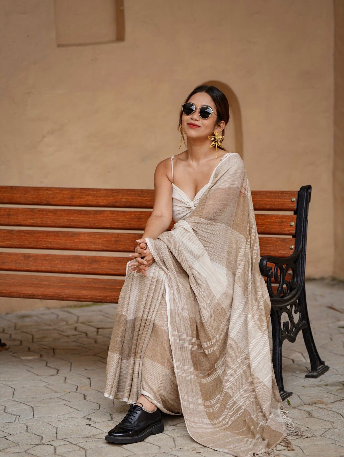 Women's Linen Cotton Saree in Beige with Digital Printed Striped Design