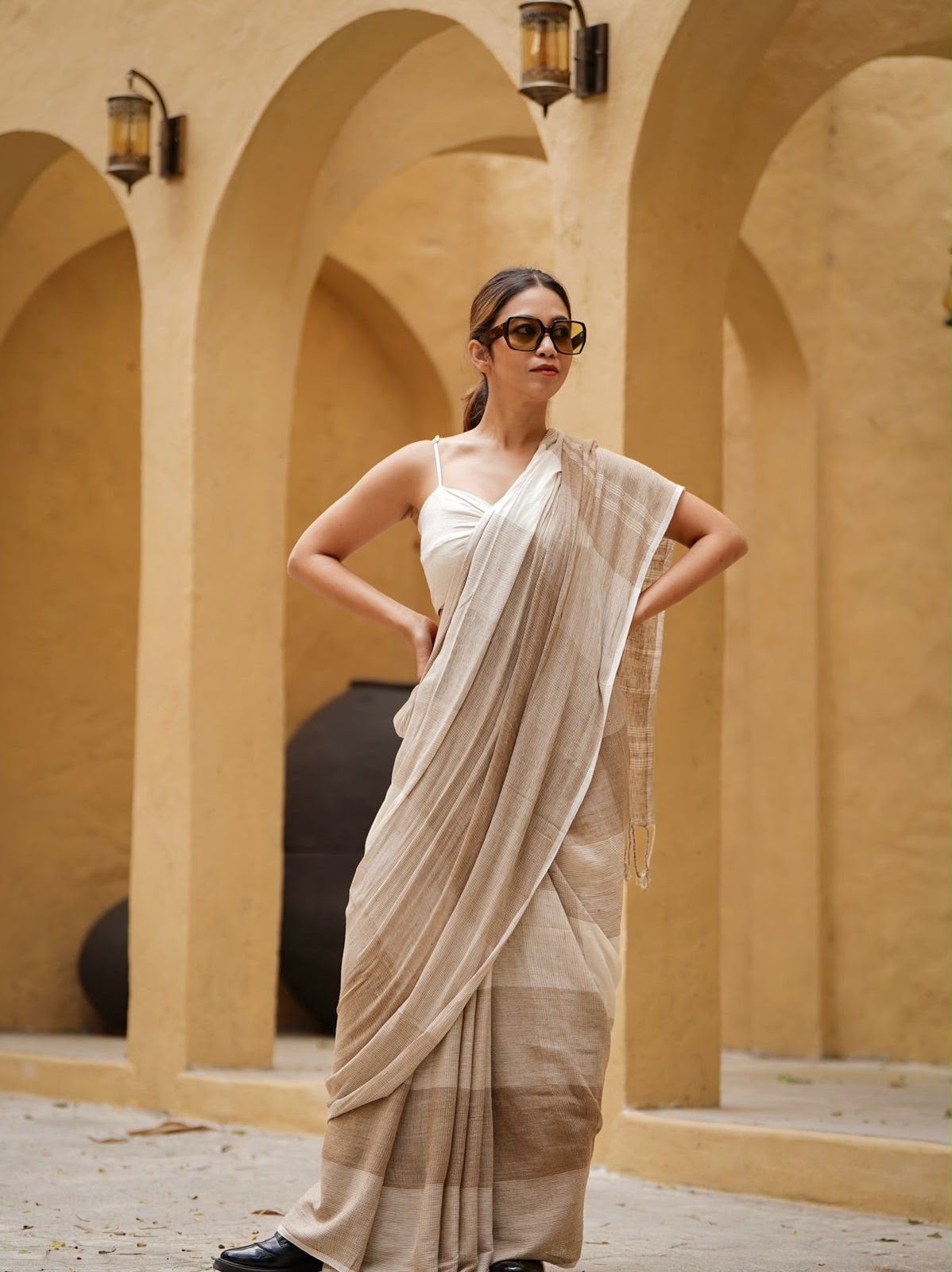 Women's Linen Cotton Saree in Beige with Digital Printed Striped Design