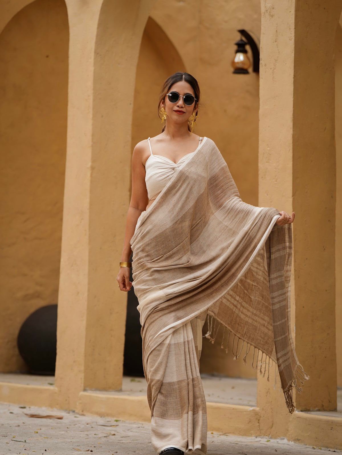 Women's Linen Cotton Saree in Beige with Digital Printed Striped Design