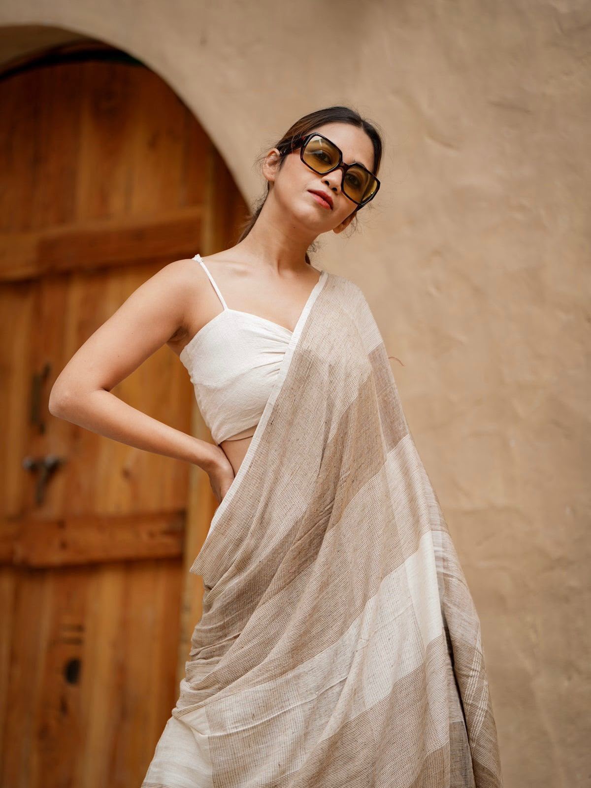 Women's Linen Cotton Saree in Beige with Digital Printed Striped Design