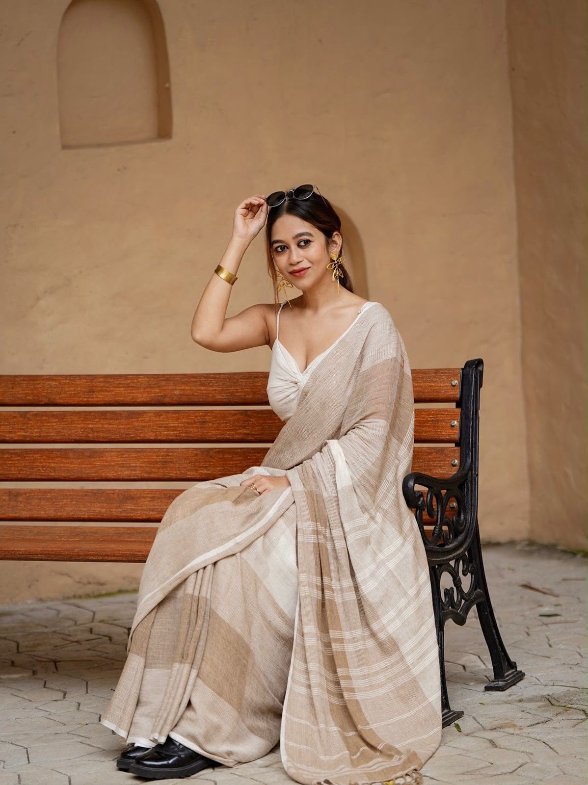 Women's Linen Cotton Saree in Beige with Digital Printed Striped Design