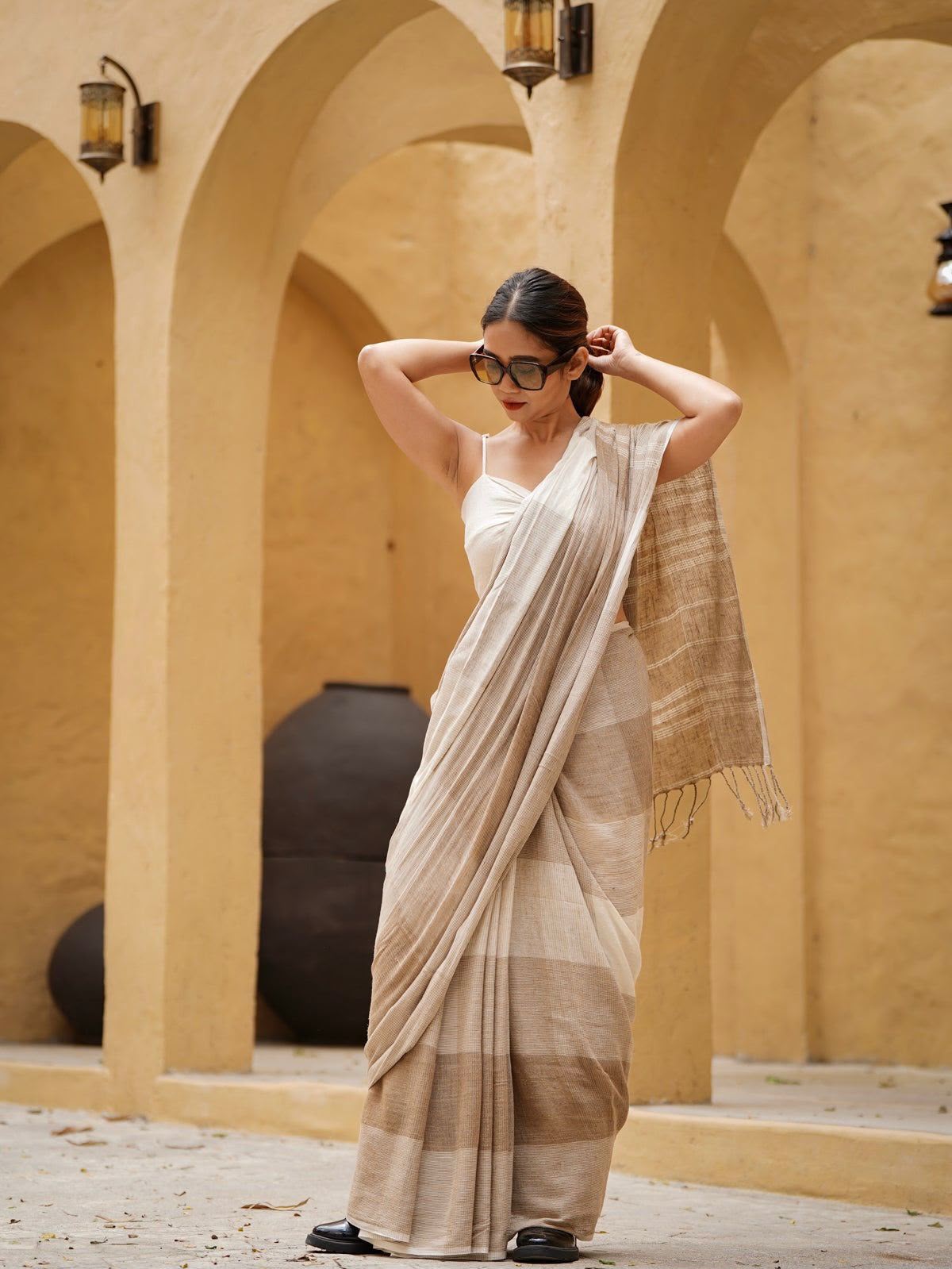 Women's Linen Cotton Saree in Beige with Digital Printed Striped Design