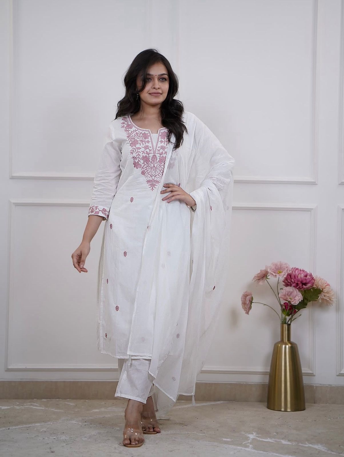 Graceful White Cotton Straight Kurta Pant Set with Delicate Mauve Floral Neckline Embroidery and Matching Lightweight Dupatta
