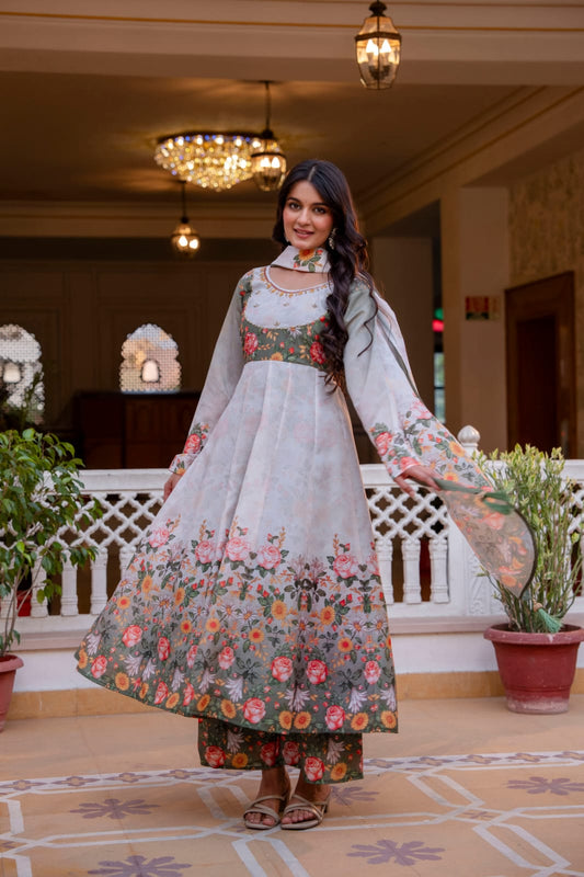 Women's Gown Palazzo Set in Off White Chanderi with Floral Digital Print and Hand Work