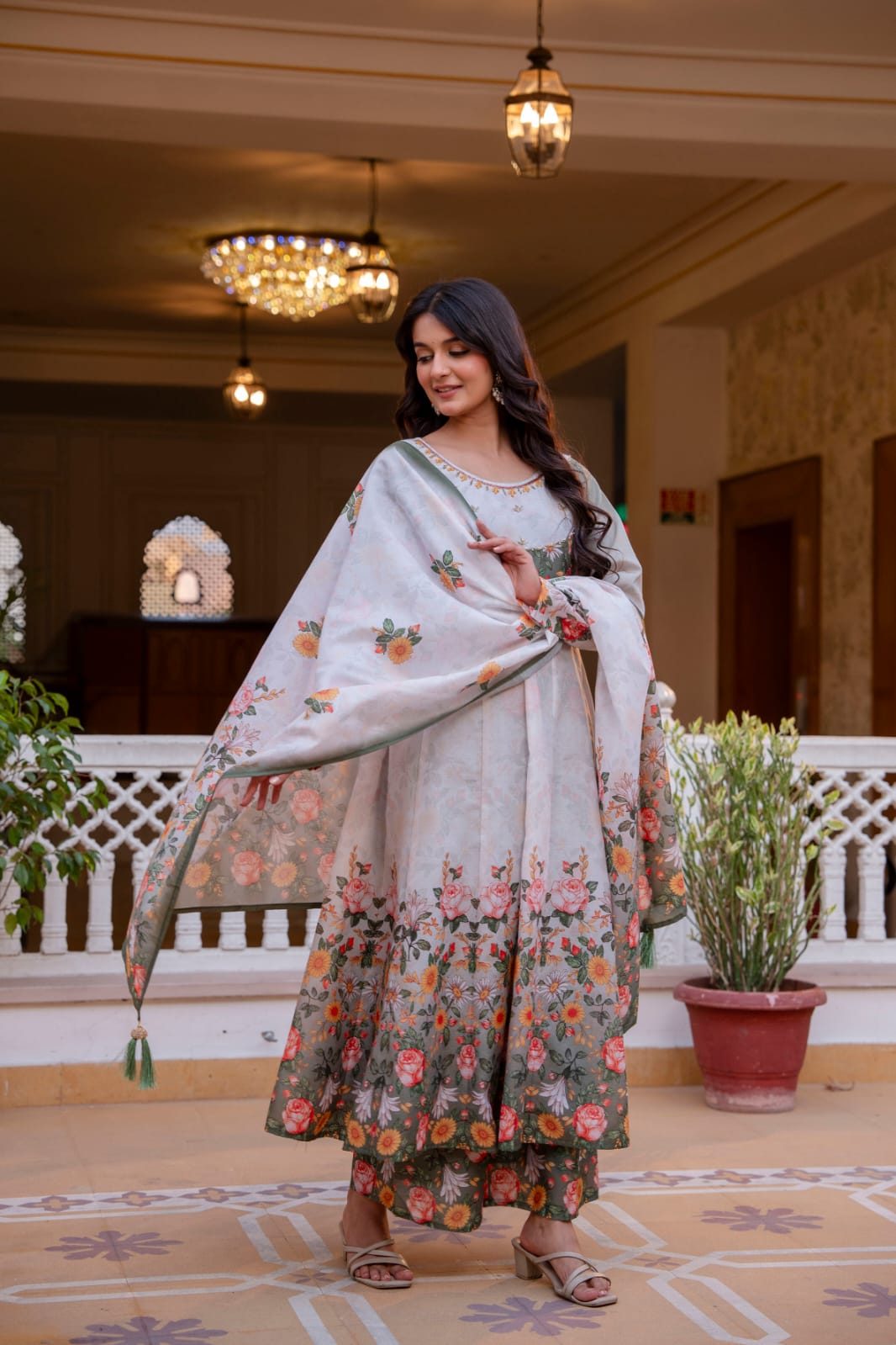Women's Gown Palazzo Set in Off White Chanderi with Floral Digital Print and Hand Work