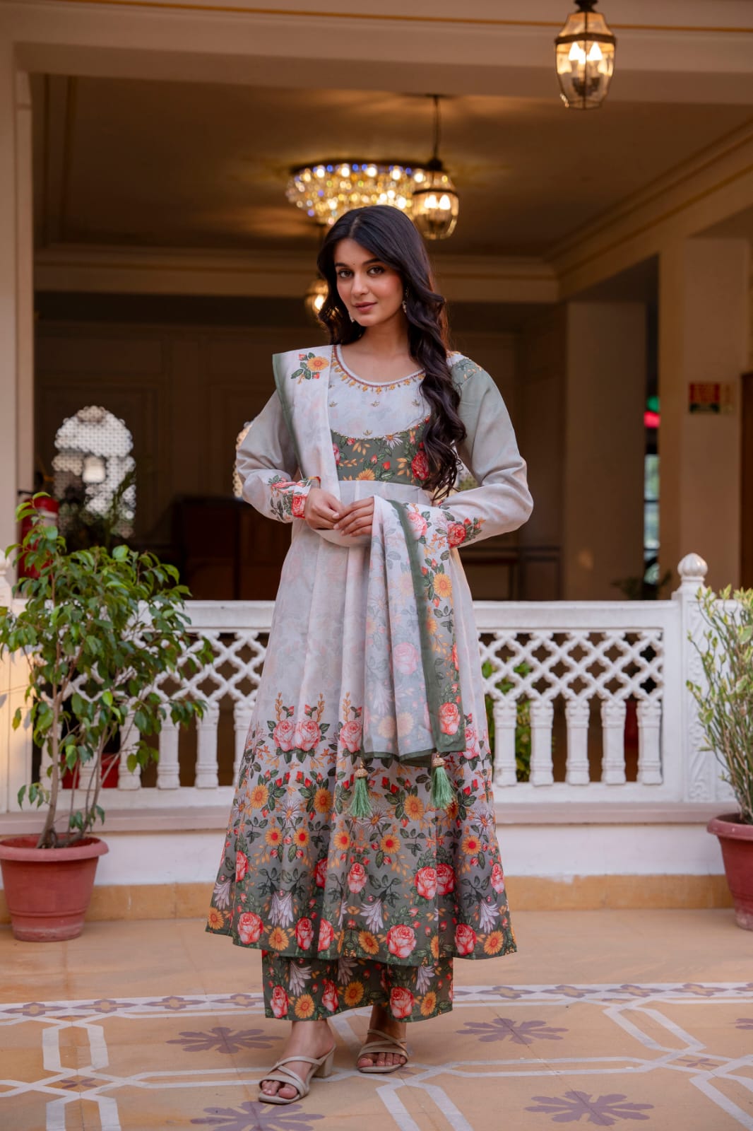 Women's Gown Palazzo Set in Off White Chanderi with Floral Digital Print and Hand Work