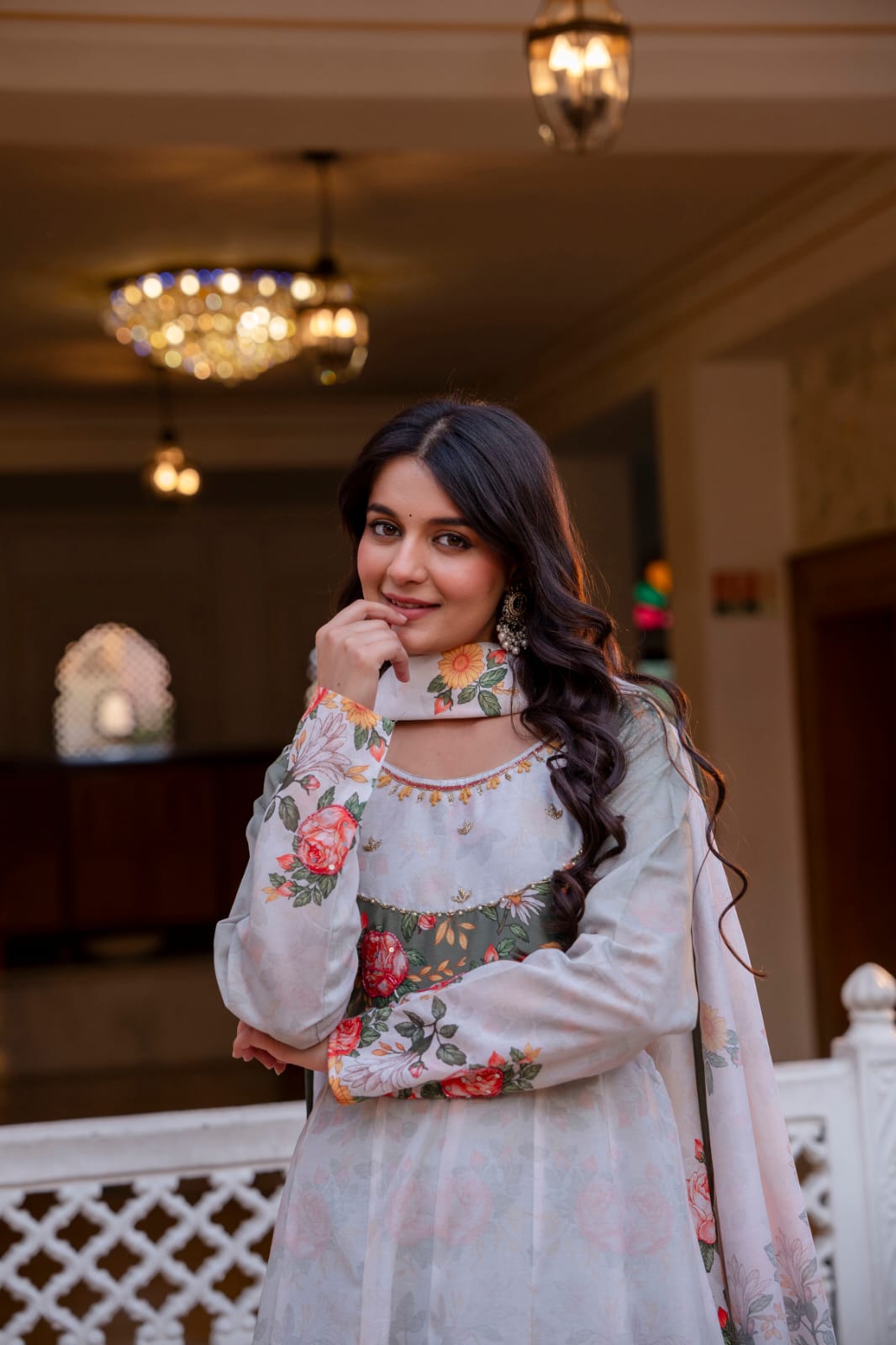 Women's Gown Palazzo Set in Off White Chanderi with Floral Digital Print and Hand Work