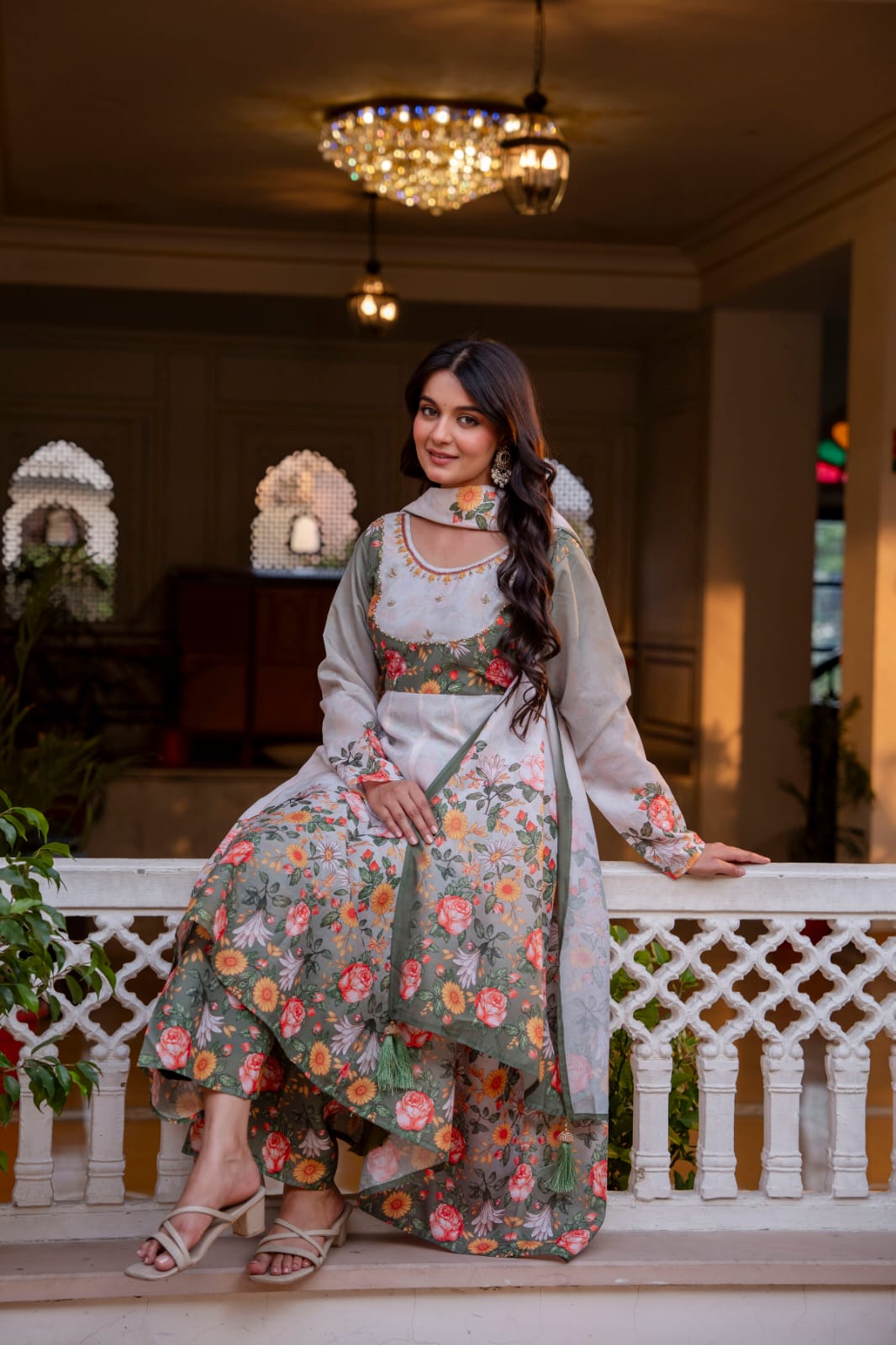 Women's Gown Palazzo Set in Off White Chanderi with Floral Digital Print and Hand Work
