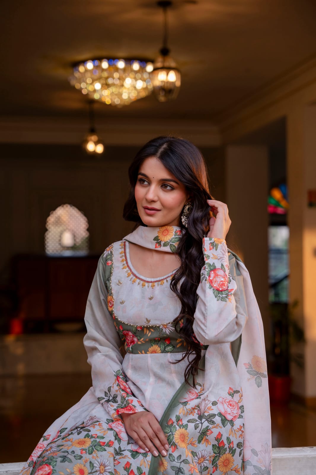 Women's Gown Palazzo Set in Off White Chanderi with Floral Digital Print and Hand Work