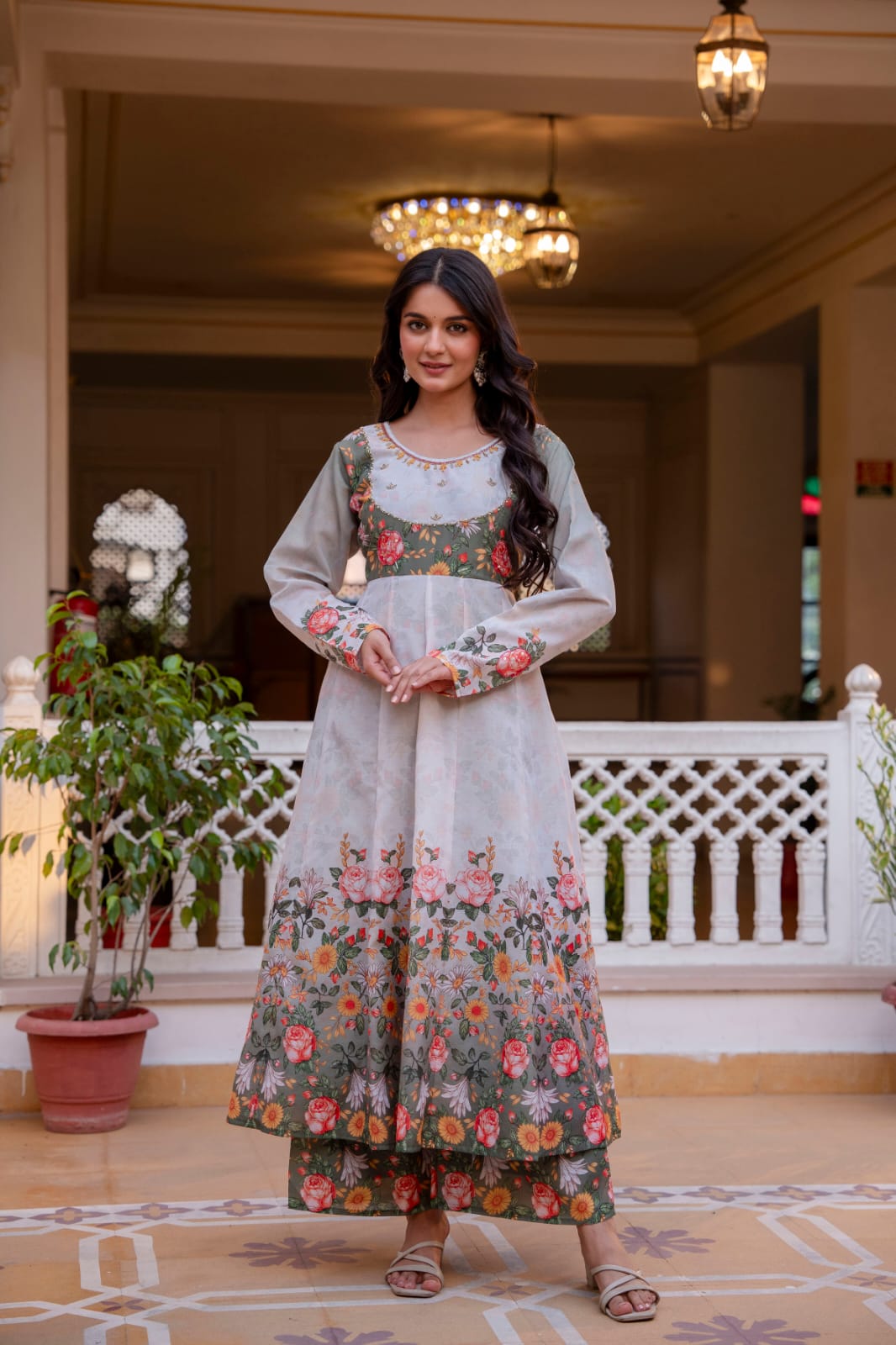 Women's Gown Palazzo Set in Off White Chanderi with Floral Digital Print and Hand Work