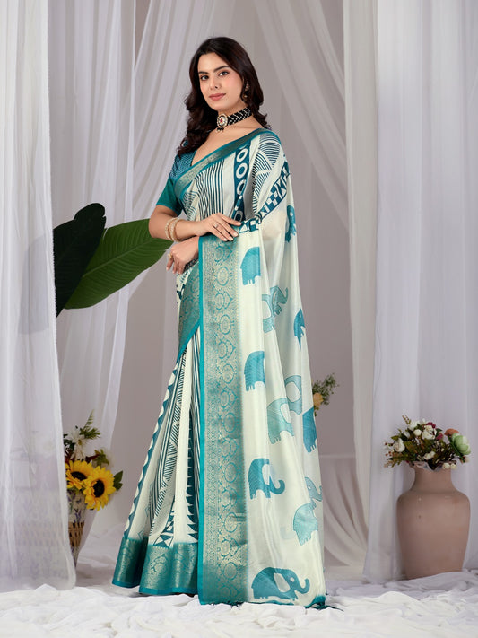 Luxury Off-White Art Silk Saree with Teal Geometric Patterns, Elephant Prints, and Zari Pallu with Tassels