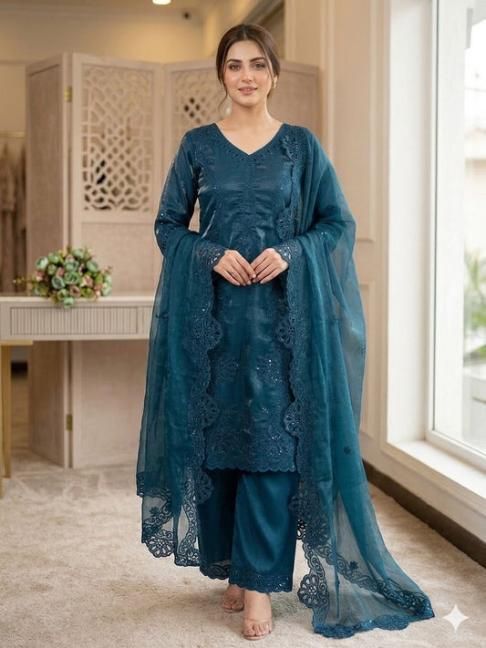 _✨ THIS WEDDING SEASON WEAR PAKISTANI SUIT WITH SEQUENCE EMBROIDERED AND CUT WORKED TOP, PLAZZO AND DUPATTA ✨♥️💙_
