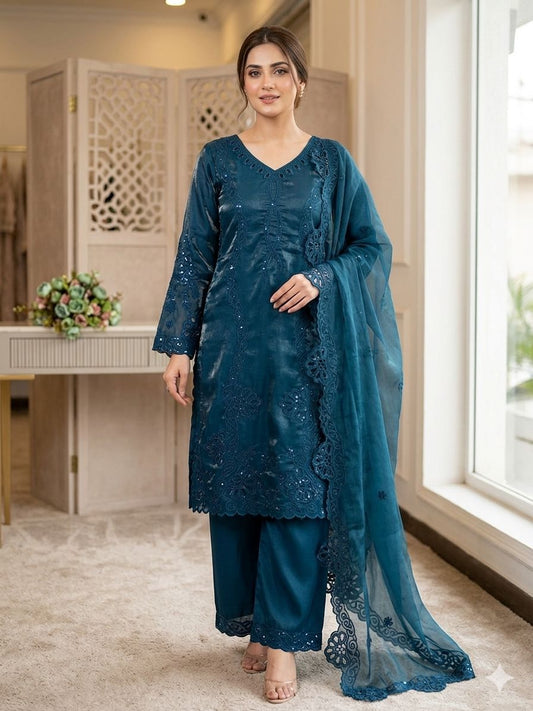 _✨ THIS WEDDING SEASON WEAR PAKISTANI SUIT WITH SEQUENCE EMBROIDERED AND CUT WORKED TOP, PLAZZO AND DUPATTA ✨♥️💙_