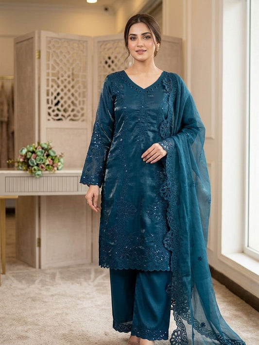 Women's Palazzo Suit Set in Teal Blue Glass Roman with Sequence Embroidery and Cutwork
