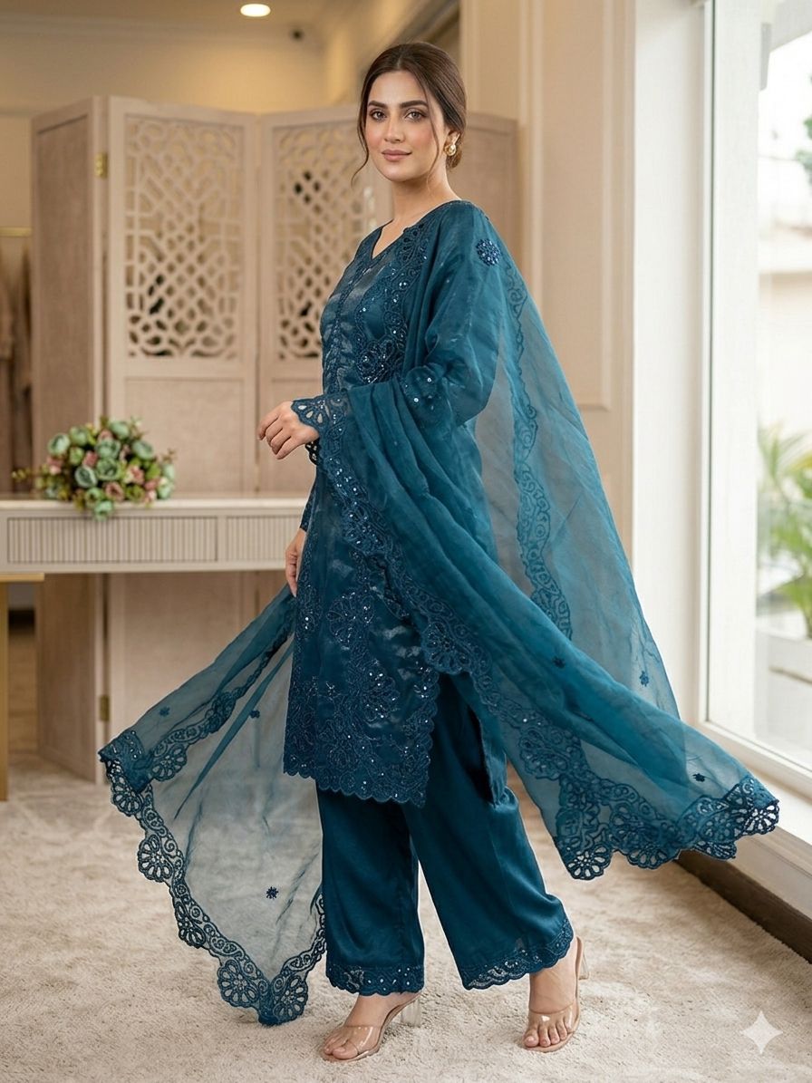 _✨ THIS WEDDING SEASON WEAR PAKISTANI SUIT WITH SEQUENCE EMBROIDERED AND CUT WORKED TOP, PLAZZO AND DUPATTA ✨♥️💙_