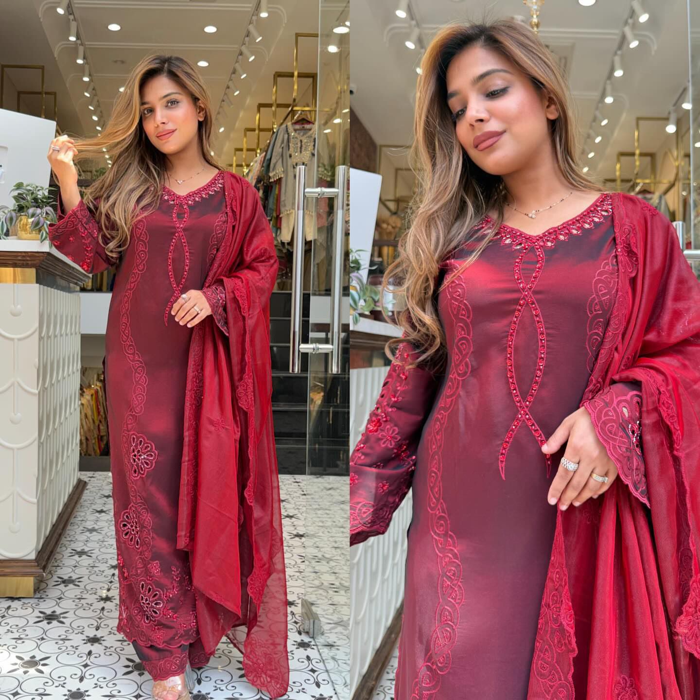 _✨ THIS WEDDING SEASON WEAR PAKISTANI SUIT WITH SEQUENCE EMBROIDERED AND CUT WORKED TOP, PLAZZO AND DUPATTA ✨♥️💙_
