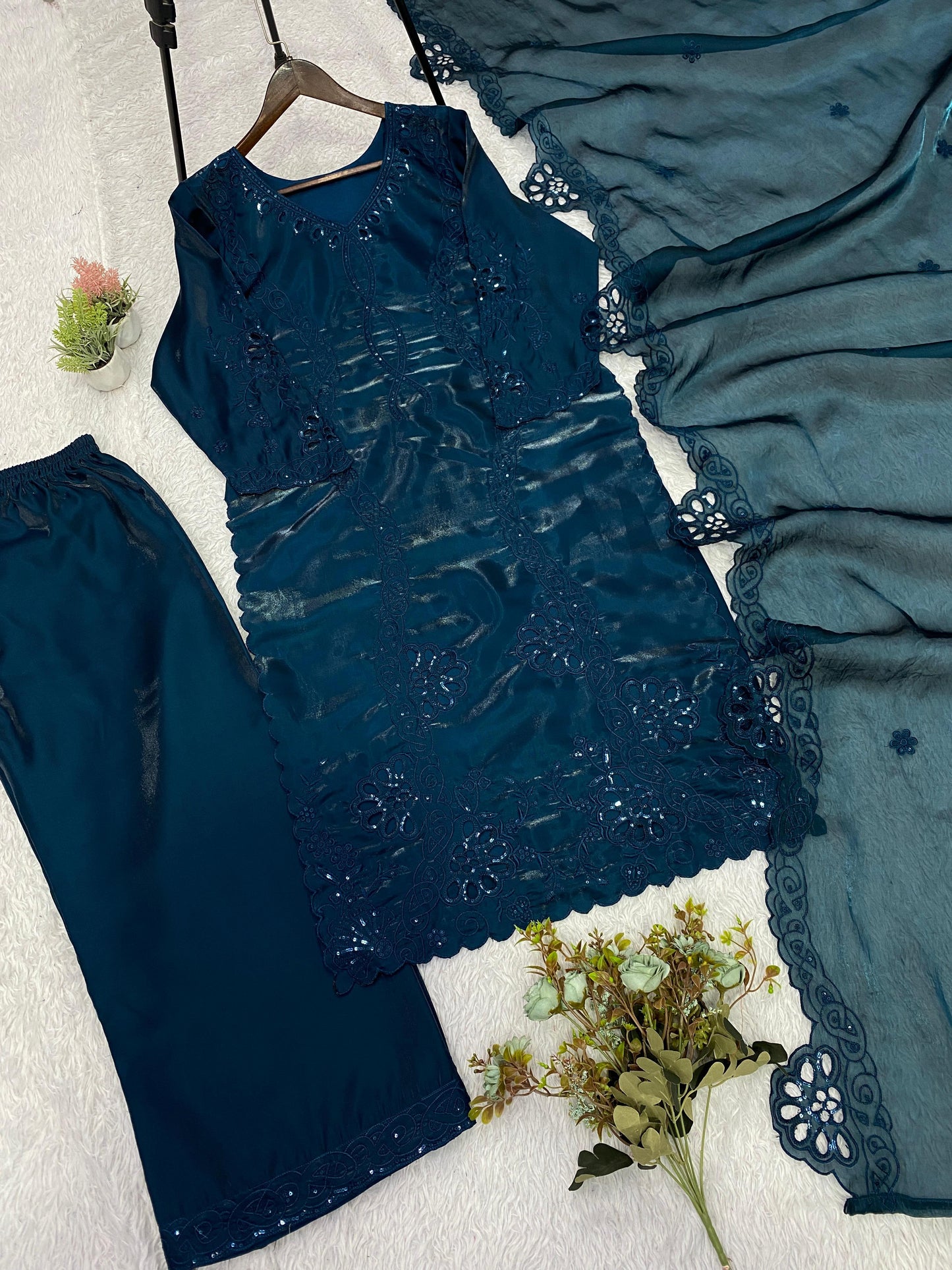 _✨ THIS WEDDING SEASON WEAR PAKISTANI SUIT WITH SEQUENCE EMBROIDERED AND CUT WORKED TOP, PLAZZO AND DUPATTA ✨♥️💙_